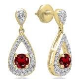 1.50 Carat (ctw) 10K Yellow Gold Round Cut Garnet & White Diamond Ladies Dangling Drop Earrings 1 1/2 CT
