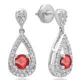 1.50 Carat (ctw) 10K White Gold Round Cut Ruby & White Diamond Ladies Dangling Drop Earrings 1 1/2 CT