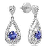 1.50 Carat (ctw) 10K White Gold Round Cut Tanzanite & White Diamond Ladies Dangling Drop Earrings 1 1/2 CT
