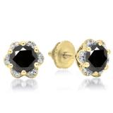 1.95 Carat (ctw) 10K Yellow Gold Round Cut Black & White Diamond Ladies Flower Shape Cluster Fashion Stud Earrings 2 CT