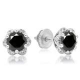 1.95 Carat (ctw) 18K White Gold Round Cut Black & White Diamond Ladies Flower Shape Cluster Fashion Stud Earrings 2 CT