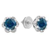 1.95 Carat (ctw) 10K White Gold Round Cut Blue & White Diamond Ladies Flower Shape Cluster Fashion Stud Earrings 2 CT