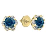 1.95 Carat (ctw) 10K Yellow Gold Round Cut Blue & White Diamond Ladies Flower Shape Cluster Fashion Stud Earrings 2 CT