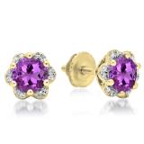 1.95 Carat (ctw) 10K Yellow Gold Round Cut Amethyst & White Diamond Ladies Flower Shape Cluster Fashion Stud Earrings 2 CT
