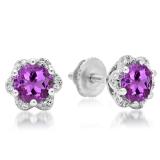 1.95 Carat (ctw) 14K White Gold Round Cut Amethyst & White Diamond Ladies Flower Shape Cluster Fashion Stud Earrings 2 CT