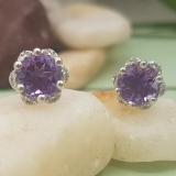 1.95 Carat (ctw) 14K White Gold Round Cut Amethyst & White Diamond Ladies Flower Shape Cluster Fashion Stud Earrings 2 CT