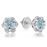 1.95 Carat (ctw) 10K White Gold Round Cut Aquamarine & White Diamond Ladies Flower Shape Cluster Fashion Stud Earrings 2 CT