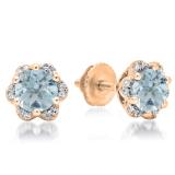 1.95 Carat (ctw) 14K Rose Gold Round Cut Aquamarine & White Diamond Ladies Flower Shape Cluster Fashion Stud Earrings 2 CT