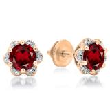1.95 Carat (ctw) 10K Rose Gold Round Cut Garnet & White Diamond Ladies Flower Shape Cluster Fashion Stud Earrings 2 CT