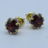 1.95 Carat (ctw) 10K Yellow Gold Round Cut Garnet & White Diamond Ladies Flower Shape Cluster Fashion Stud Earrings 2 CT