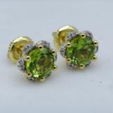 1.95 Carat (ctw) 10K Yellow Gold Round Cut Peridot & White Diamond Ladies Flower Shape Cluster Fashion Stud Earrings 2 CT