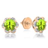 1.95 Carat (ctw) 14K Rose Gold Round Cut Peridot & White Diamond Ladies Flower Shape Cluster Fashion Stud Earrings 2 CT