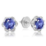 1.95 Carat (ctw) 10K White Gold Round Cut Tanzanite & White Diamond Ladies Flower Shape Cluster Fashion Stud Earrings 2 CT