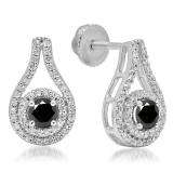 1.10 Carat (ctw) 10K White Gold Round Cut Black & White Diamond Ladies Halo Style Drop Earrings 1 CT