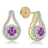 1.10 Carat (ctw) 10K Yellow Gold Round Cut Amethyst & White Diamond Ladies Halo Style Drop Earrings 1 CT