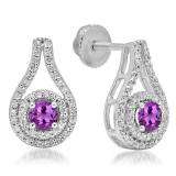 1.10 Carat (ctw) 18K White Gold Round Cut Amethyst & White Diamond Ladies Halo Style Drop Earrings 1 CT