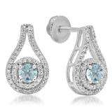 1.10 Carat (ctw) 18K White Gold Round Cut Aquamarine & White Diamond Ladies Halo Style Drop Earrings 1 CT