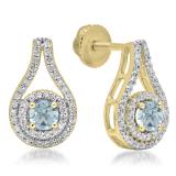 1.10 Carat (ctw) 18K Yellow Gold Round Cut Aquamarine & White Diamond Ladies Halo Style Drop Earrings 1 CT