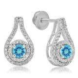 1.10 Carat (ctw) 18K White Gold Round Cut Blue Topaz & White Diamond Ladies Halo Style Drop Earrings 1 CT