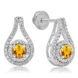 1.10 Carat (ctw) 10K White Gold Round Cut Citrine & White Diamond Ladies Halo Style Drop Earrings 1 CT