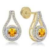 1.10 Carat (ctw) 10K Yellow Gold Round Cut Citrine & White Diamond Ladies Halo Style Drop Earrings 1 CT