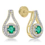 1.10 Carat (ctw) 18K Yellow Gold Round Cut Emerald & White Diamond Ladies Halo Style Drop Earrings 1 CT