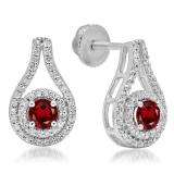 1.10 Carat (ctw) 18K White Gold Round Cut Garnet & White Diamond Ladies Halo Style Drop Earrings 1 CT