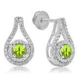 1.10 Carat (ctw) 10K White Gold Round Cut Peridot & White Diamond Ladies Halo Style Drop Earrings 1 CT