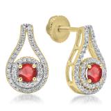 1.10 Carat (ctw) 10K Yellow Gold Round Cut Ruby & White Diamond Ladies Halo Style Drop Earrings 1 CT