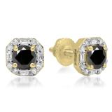 1.40 Carat (ctw) 14K Yellow Gold Round Cut Black & Baguette & Round Cut White Diamond Ladies Halo Style Stud Earrings