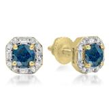 1.40 Carat (ctw) 10K Yellow Gold Round Cut Blue & Baguette & Round Cut White Diamond Ladies Halo Style Stud Earrings