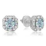 1.40 Carat (ctw) 18K White Gold Round Cut Aquamarine & Baguette & Round Cut White Diamond Ladies Halo Style Stud Earrings