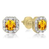 1.40 Carat (ctw) 18K Yellow Gold Round Cut Citrine & Baguette & Round Cut White Diamond Ladies Halo Style Stud Earrings