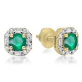 1.40 Carat (ctw) 18K Yellow Gold Round Cut Emerald & Baguette & Round Cut White Diamond Ladies Halo Style Stud Earrings