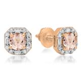 1.40 Carat (ctw) 18K Rose Gold Round Cut Morganite & Baguette & Round Cut White Diamond Ladies Halo Style Stud Earrings