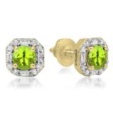 1.40 Carat (ctw) 18K Yellow Gold Round Cut Peridot & Baguette & Round Cut White Diamond Ladies Halo Style Stud Earrings
