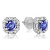 1.40 Carat (ctw) 18K White Gold Round Cut Tanzanite & Baguette & Round Cut White Diamond Ladies Halo Style Stud Earrings