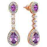 2.65 Carat (ctw) 14K Rose Gold Pear & Oval Cut Amethyst & Round Cut White Sapphire & White Diamond Ladies Halo Style Dangling Drop Earrings