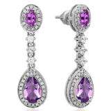 2.65 Carat (ctw) 14K White Gold Pear & Oval Cut Amethyst & Round Cut White Sapphire & White Diamond Ladies Halo Style Dangling Drop Earrings