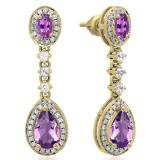 2.65 Carat (ctw) 14K Yellow Gold Pear & Oval Cut Amethyst & Round Cut White Sapphire & White Diamond Ladies Halo Style Dangling Drop Earrings