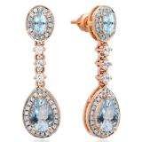 2.65 Carat (ctw) 14K Rose Gold Pear & Oval Cut Aquamarine & Round Cut White Sapphire & White Diamond Ladies Halo Style Dangling Drop Earrings