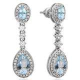 2.65 Carat (ctw) 14K White Gold Pear & Oval Cut Aquamarine & Round Cut White Sapphire & White Diamond Ladies Halo Style Dangling Drop Earrings