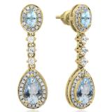 2.65 Carat (ctw) 14K Yellow Gold Pear & Oval Cut Aquamarine & Round Cut White Sapphire & White Diamond Ladies Halo Style Dangling Drop Earrings