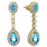 2.65 Carat (ctw) 14K Yellow Gold Pear & Oval Cut Blue Topaz & Round Cut White Sapphire & White Diamond Ladies Halo Style Dangling Drop Earrings