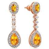 2.65 Carat (ctw) 14K Rose Gold Pear & Oval Cut Citrine & Round Cut White Sapphire & White Diamond Ladies Halo Style Dangling Drop Earrings