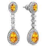 2.65 Carat (ctw) 14K White Gold Pear & Oval Cut Citrine & Round Cut White Sapphire & White Diamond Ladies Halo Style Dangling Drop Earrings