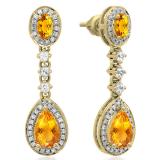 2.65 Carat (ctw) 18K Yellow Gold Pear & Oval Cut Citrine & Round Cut White Sapphire & White Diamond Ladies Halo Style Dangling Drop Earrings