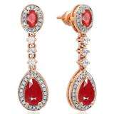 2.65 Carat (ctw) 14K Rose Gold Pear & Oval Cut Ruby & Round Cut White Sapphire & White Diamond Ladies Halo Style Dangling Drop Earrings