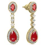 2.65 Carat (ctw) 14K Yellow Gold Pear & Oval Cut Ruby & Round Cut White Sapphire & White Diamond Ladies Halo Style Dangling Drop Earrings