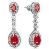 2.65 Carat (ctw) 18K White Gold Pear & Oval Cut Ruby & Round Cut White Sapphire & White Diamond Ladies Halo Style Dangling Drop Earrings